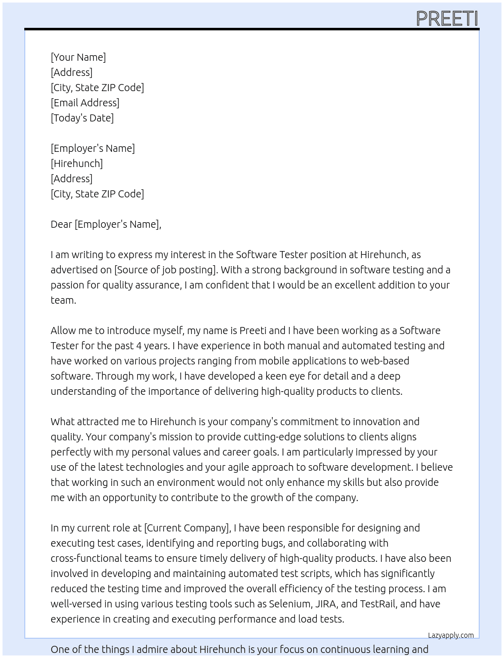 Software tester At Hirehunch Cover Letter