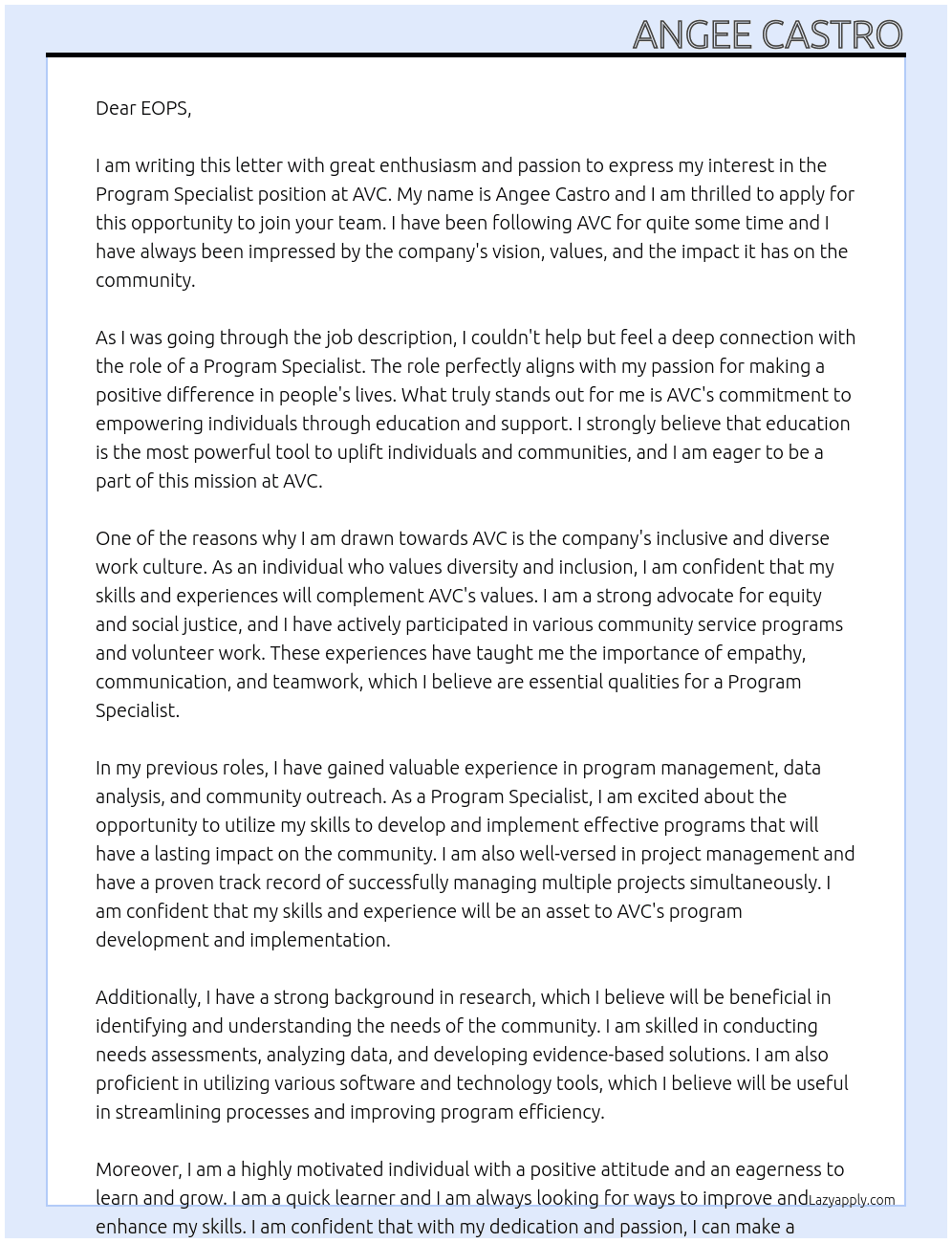 Program Specialist  At AVC Cover Letter