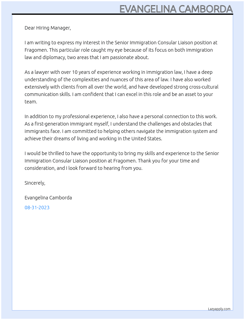 Senior Immigration Consular Liaison At Fragomen Cover Letter