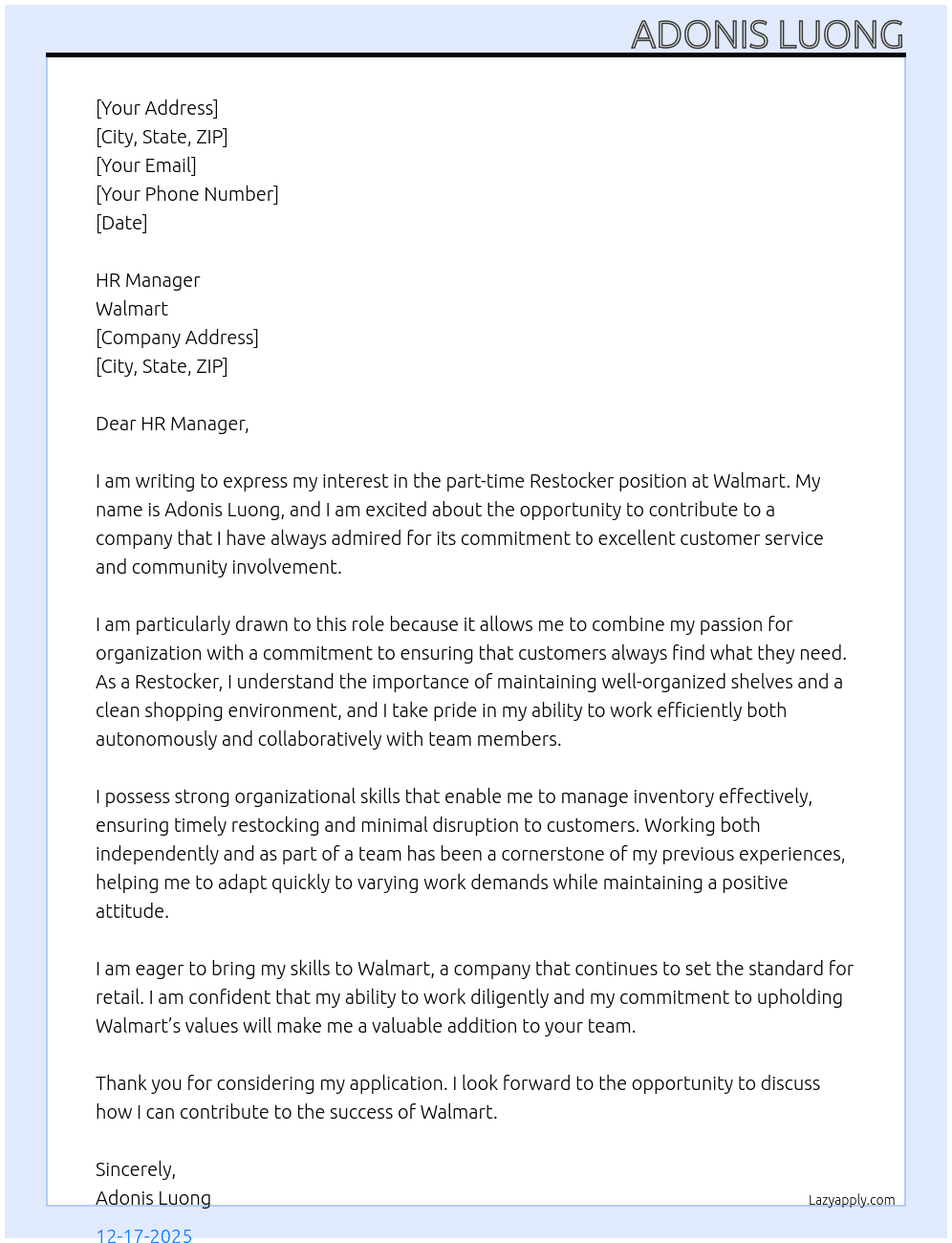 Cover letter for restocker - LazyApply