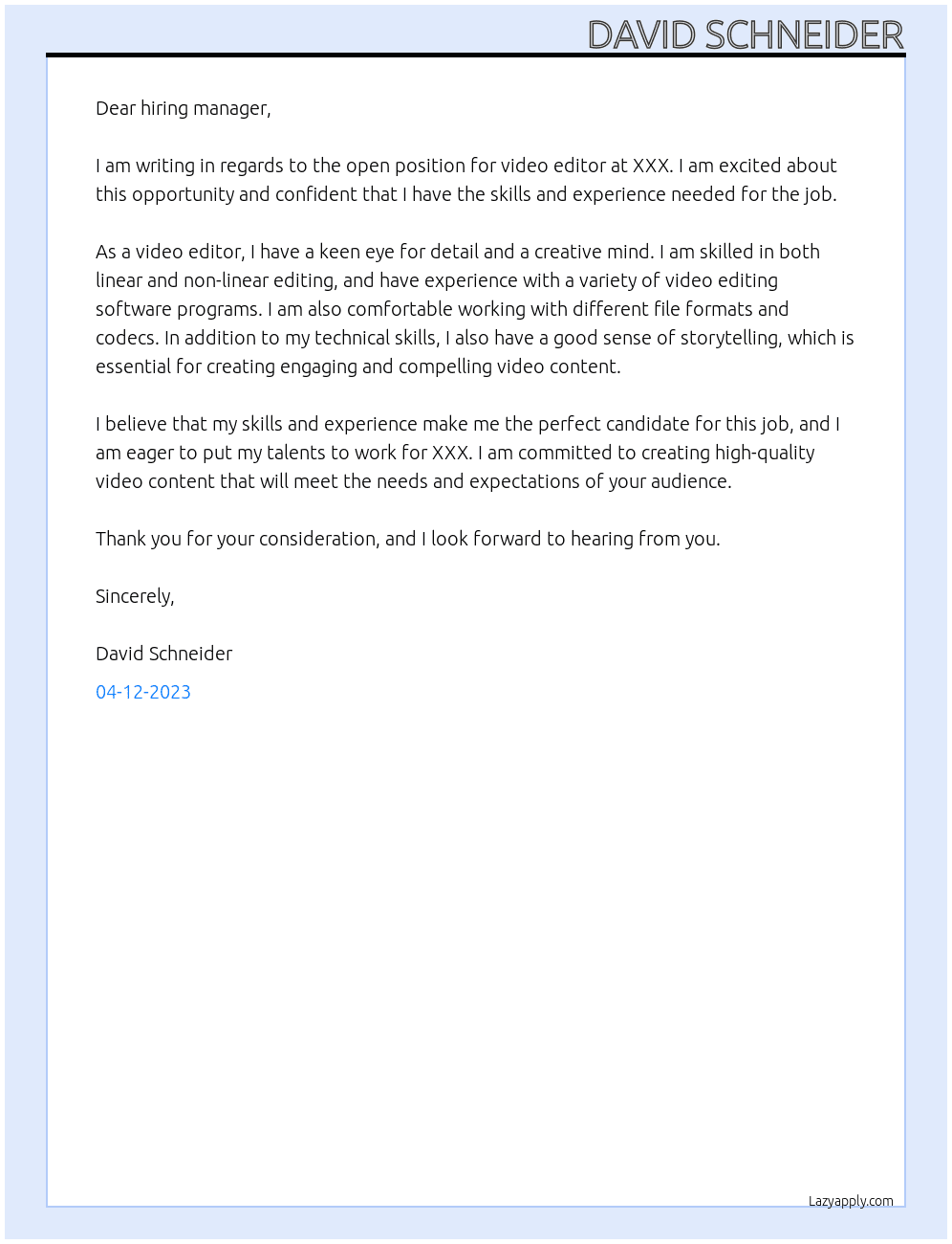 Video Editor At XXX Cover Letter