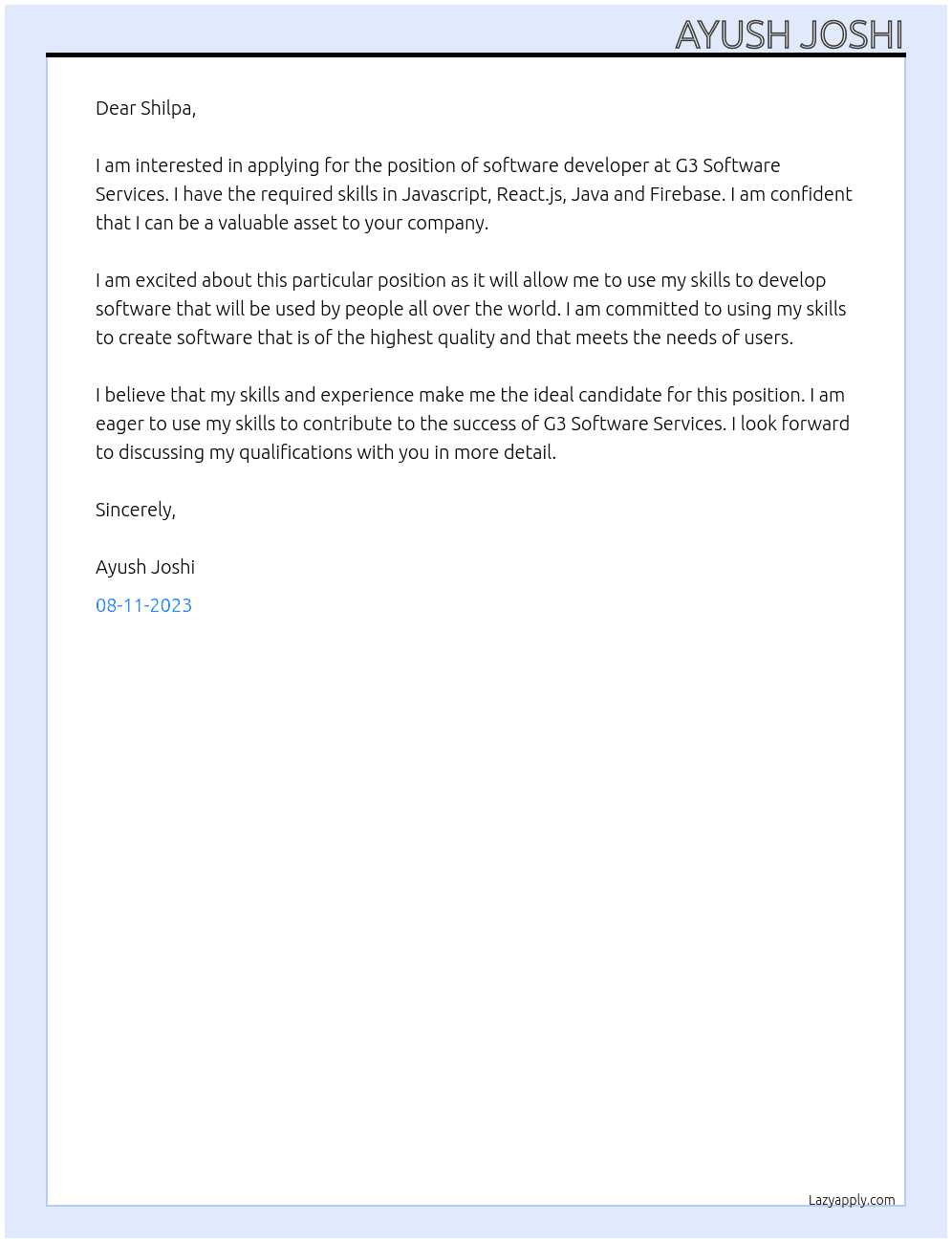 software developer At G3 Software Services Cover Letter