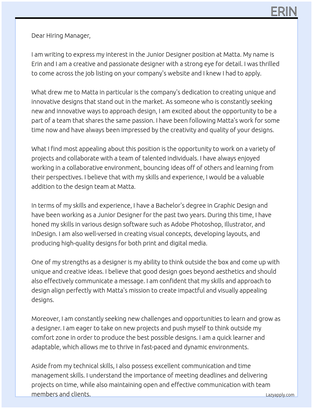 Junior Designer At Matta Cover Letter
