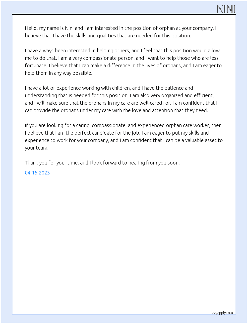 To orphan At Orphan Cover Letter