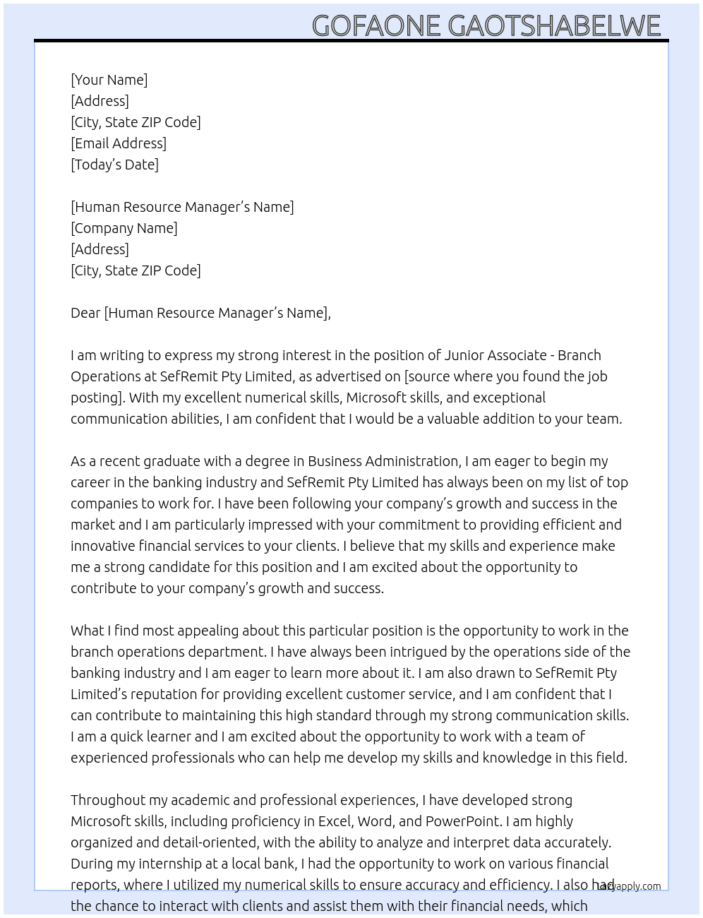 Junior Associate - branch operations  At SefRemit Pty limited  Cover Letter
