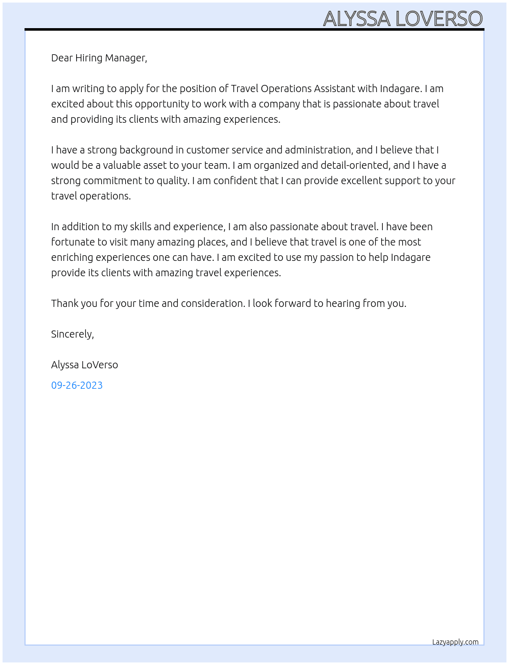 Travel Operations Assistant At Indagare Cover Letter