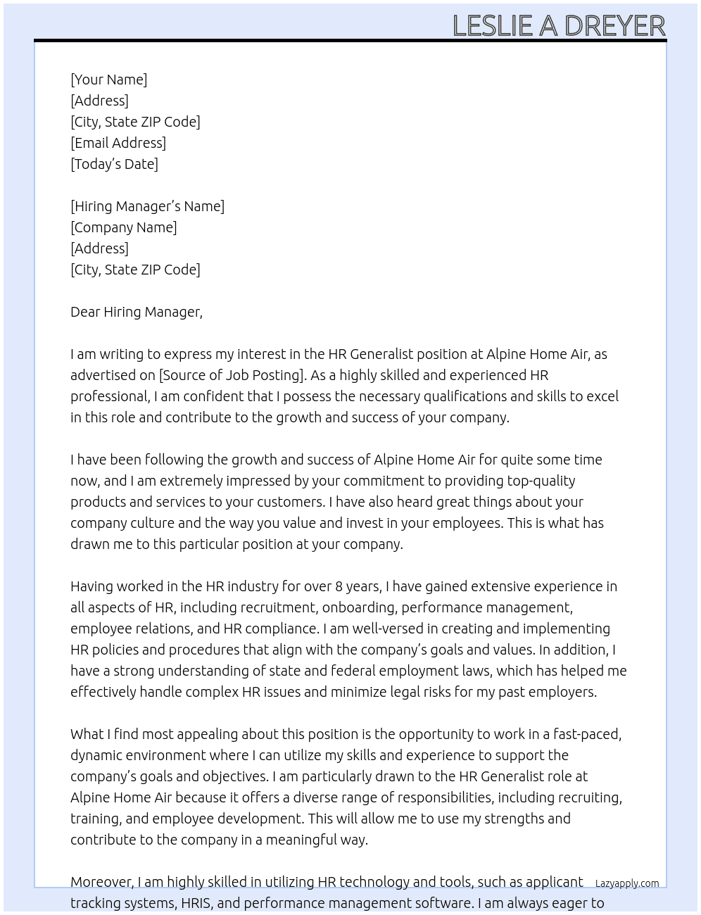 HR Generalist At Alpine Home Air Cover Letter