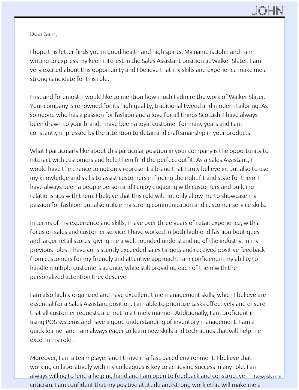 Sales Assistant At Walker Slater Cover Letter