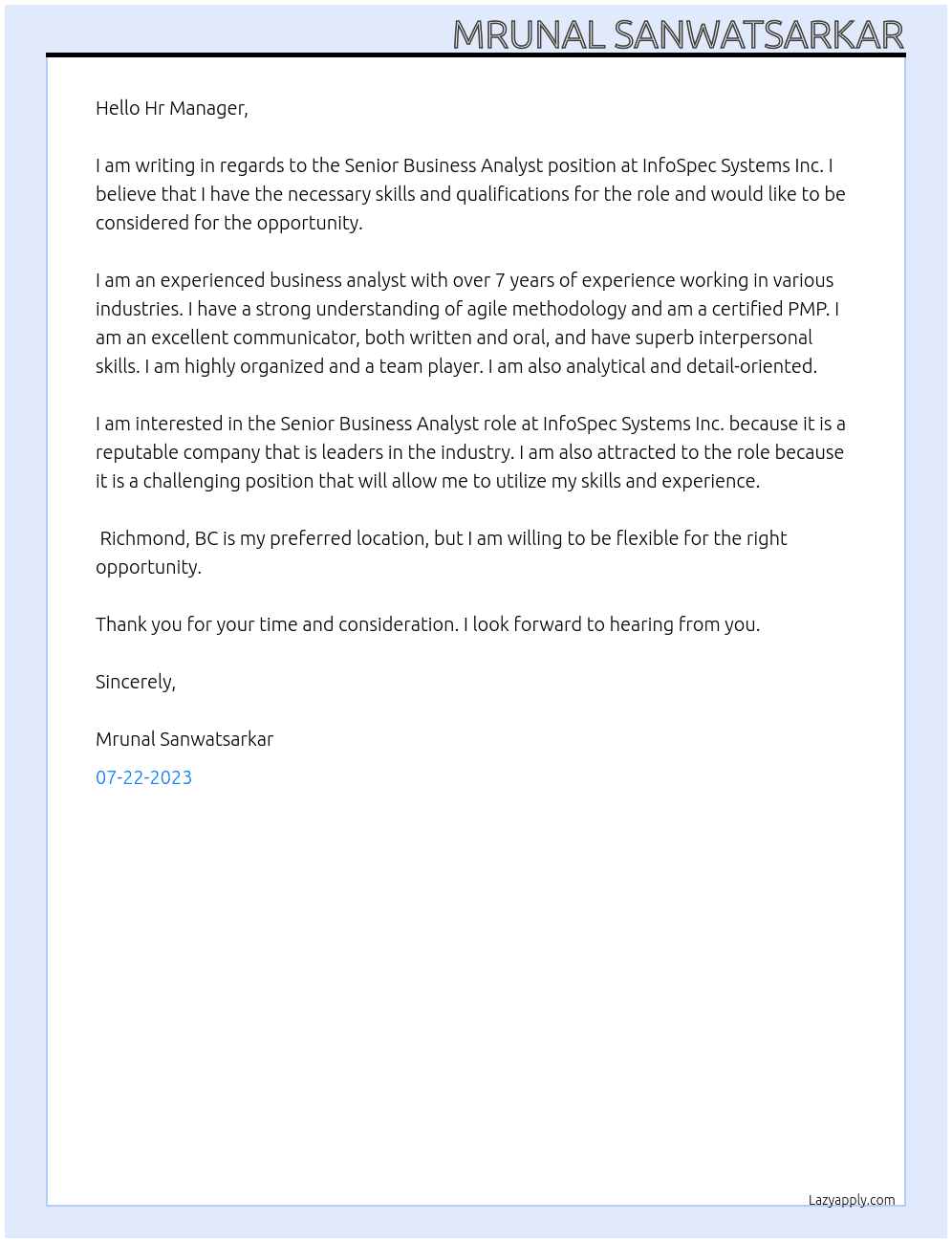 Senior Business Analyst At InfoSpec Systems Inc. Cover Letter
