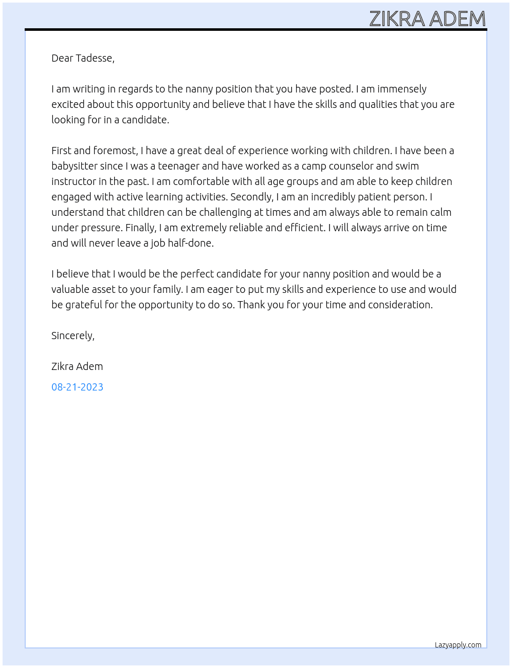 Nanny At Tadesse Cover Letter