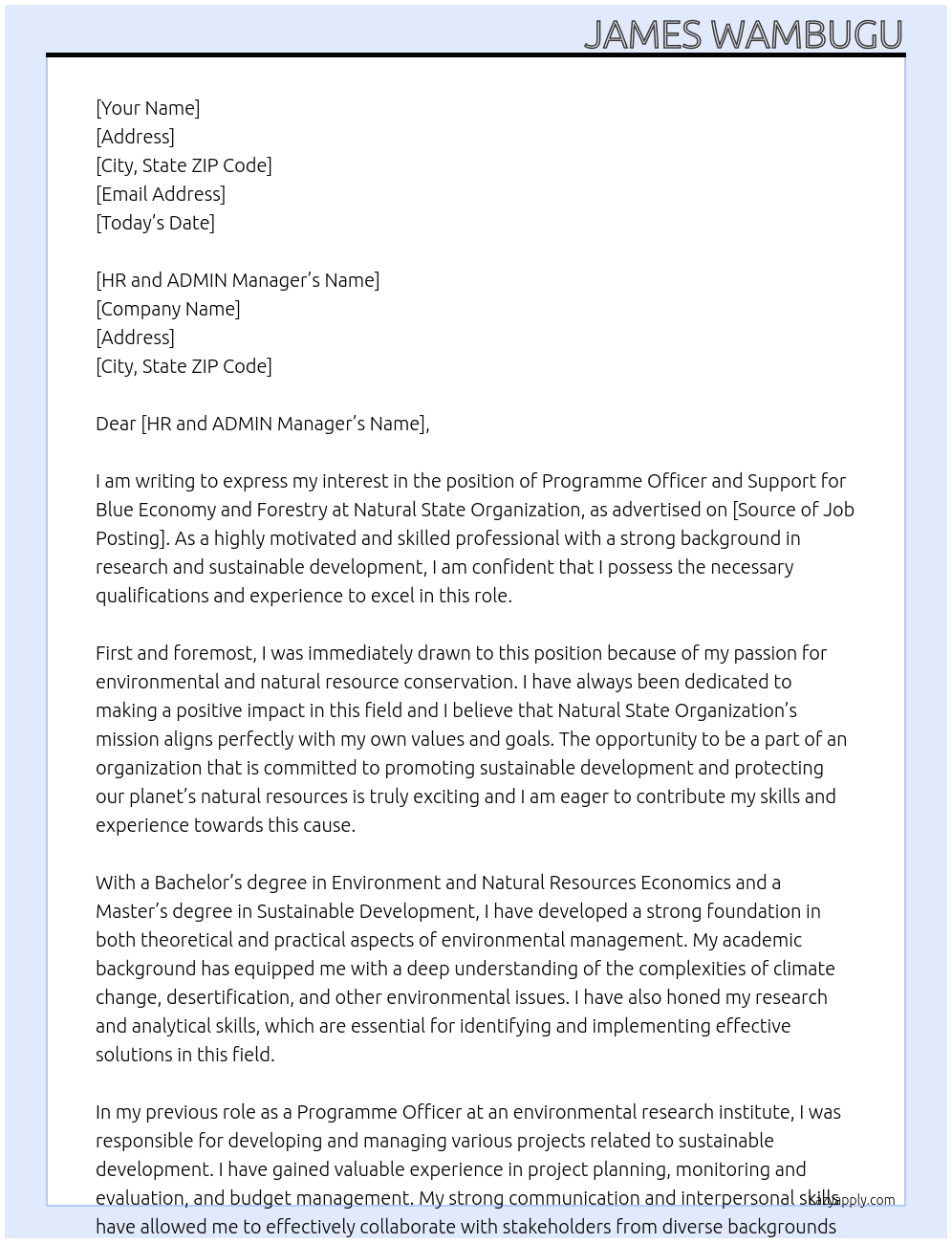 PROGRAMME OFFICER AND SUPPORT- Blue Economy and Forestry At NATURAL STATE ORGANIZATION Cover Letter