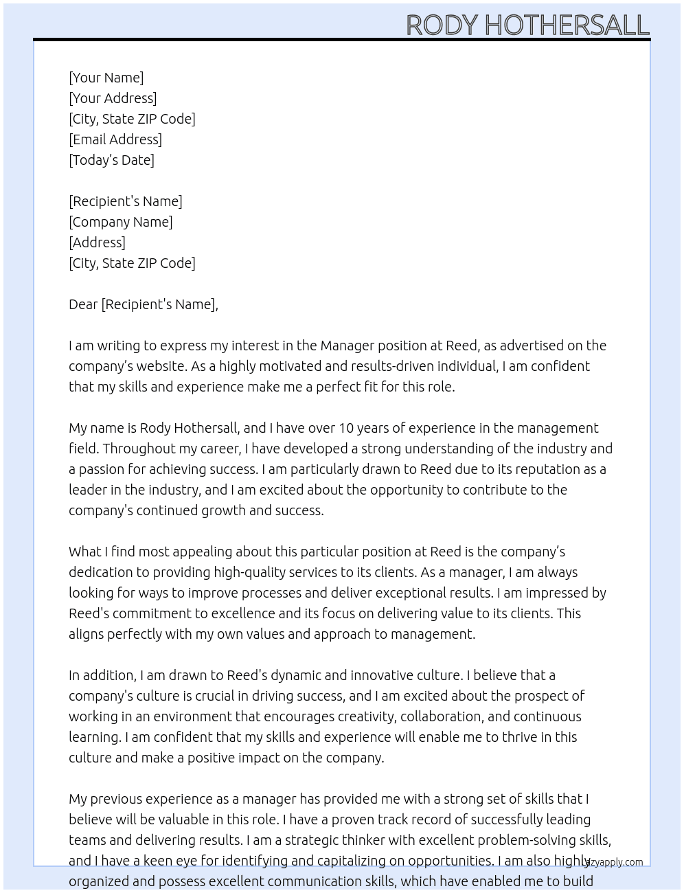 manager  At reed Cover Letter