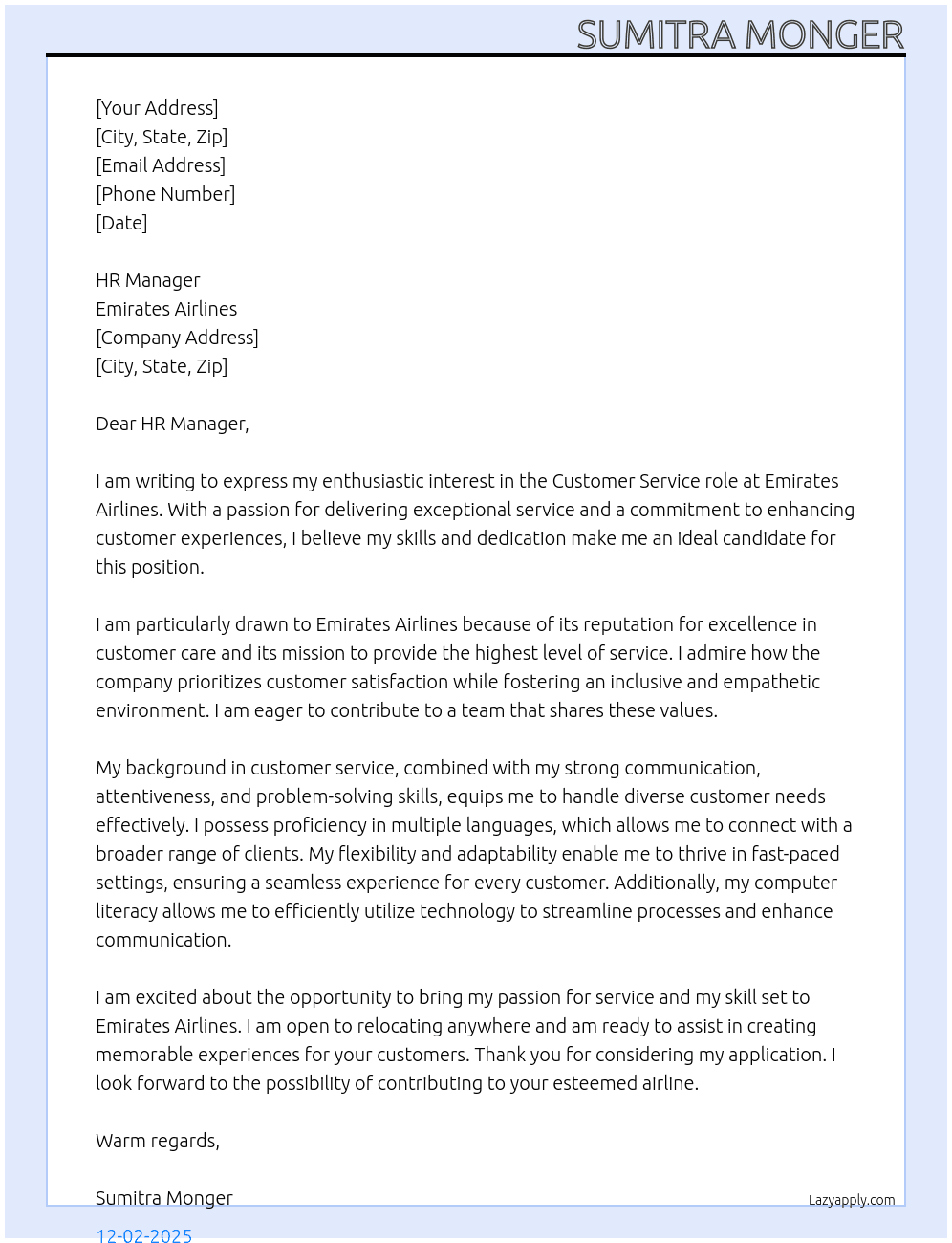 customer Service Role At Emirates Airlines Cover Letter