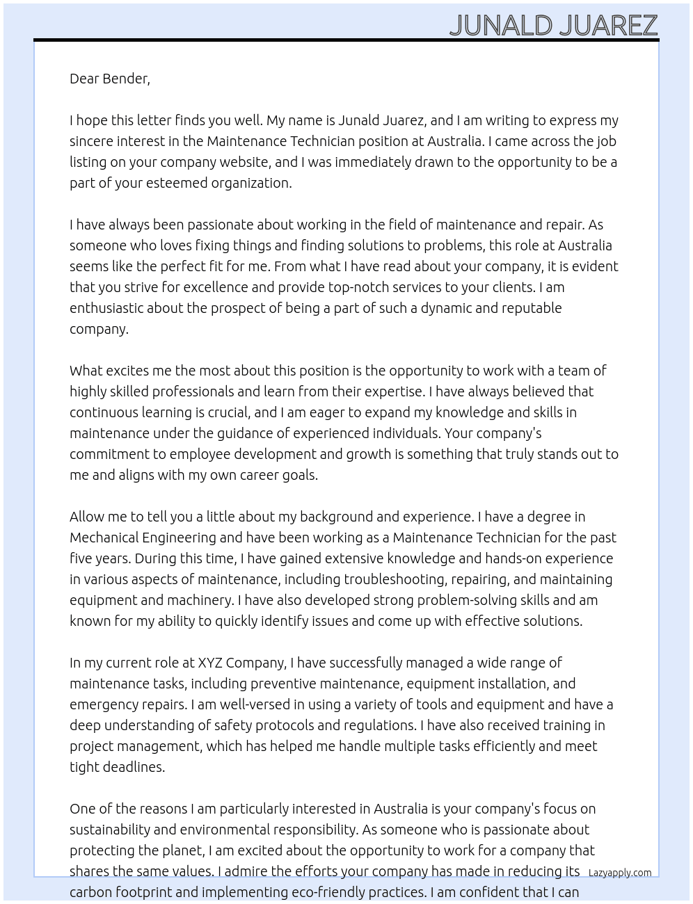 Maintenance Technician At Australia Cover Letter