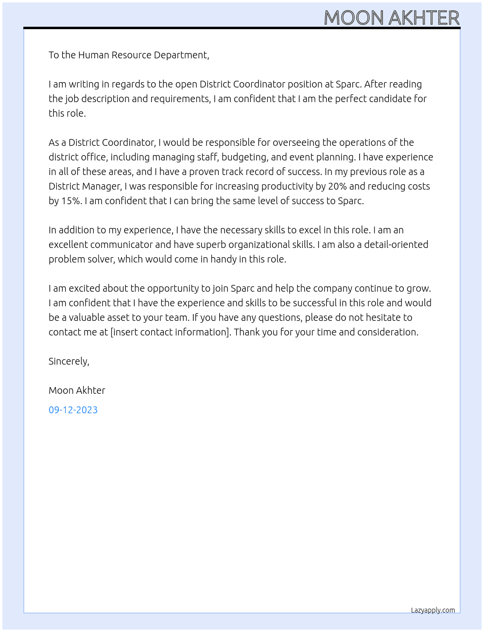 District Coordinator At Sparc Cover Letter
