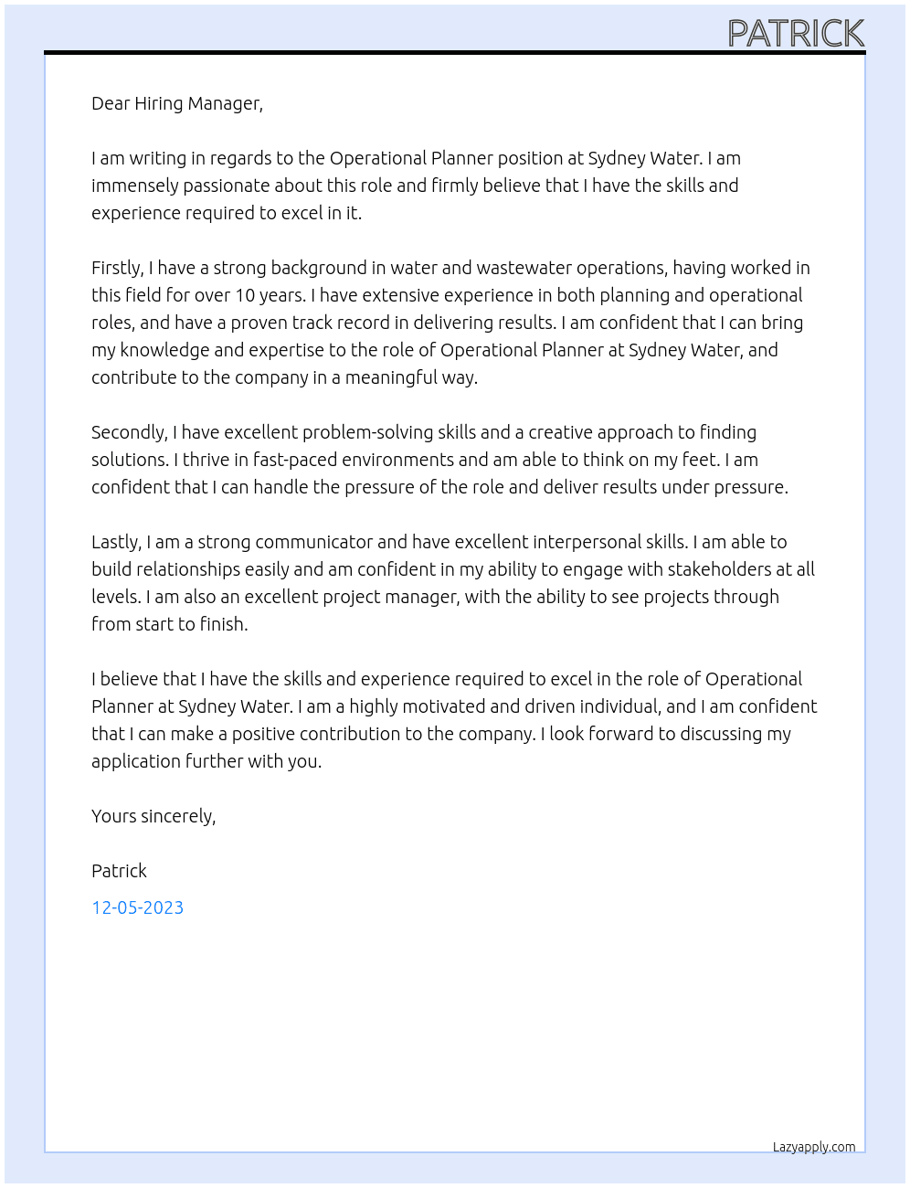 Operational Planner At Sydney Water Cover Letter
