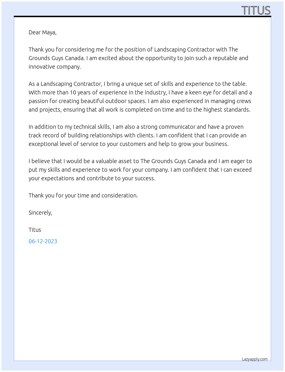 Landscaping Contractor At The Grounds Guys Canada Cover Letter