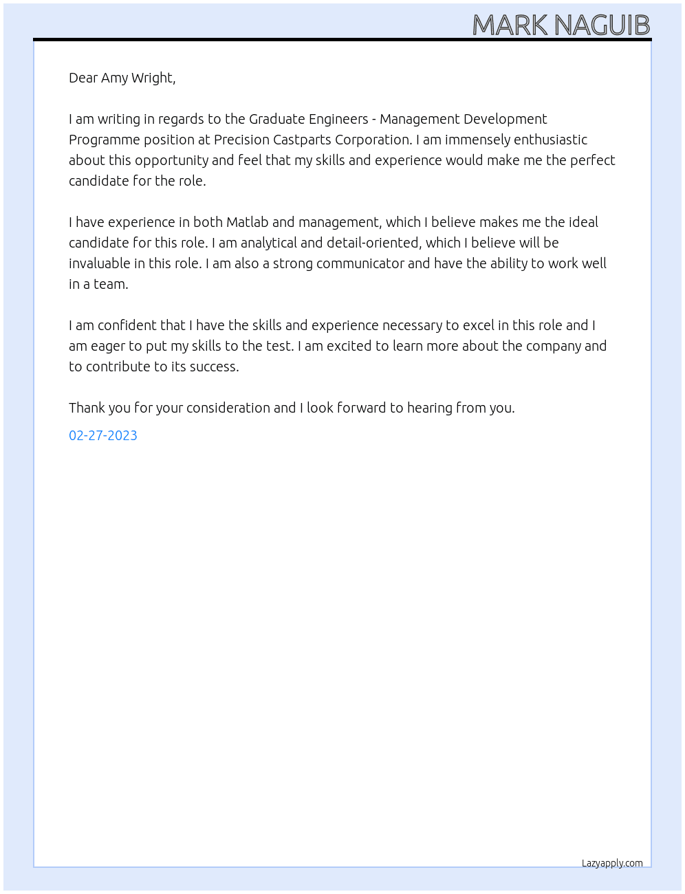Graduate Engineers - Management Development Programme At Precision Castparts Corporation Cover Letter