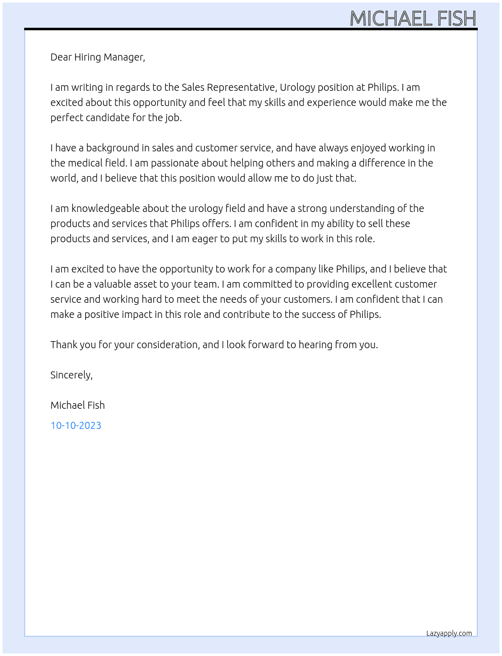Sales Representative, Urology At Philips Cover Letter