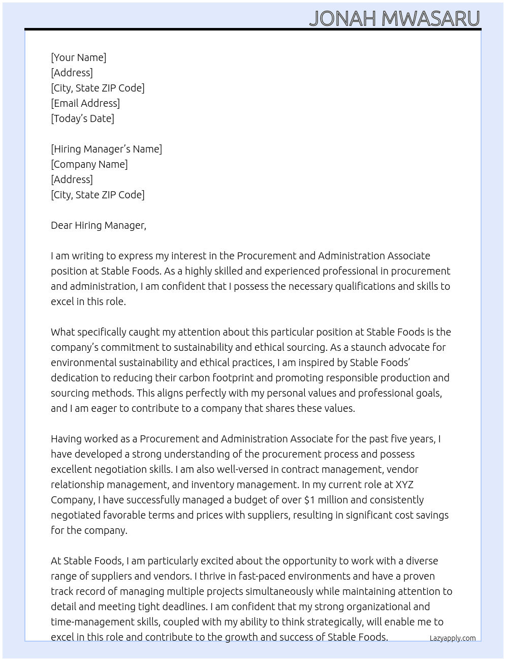 Procurement and administration associate At Stable Foods Cover Letter