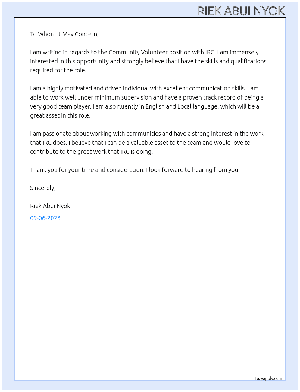 Community Volunteer  At IRC  Cover Letter