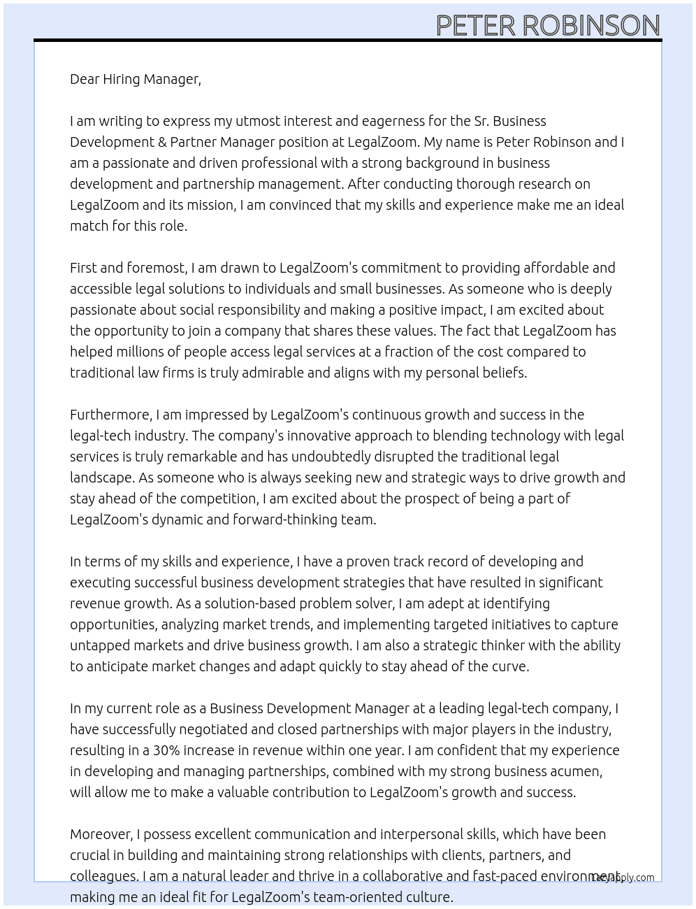 Sr. Business Development & Partner Manager At LegalZoom Cover Letter