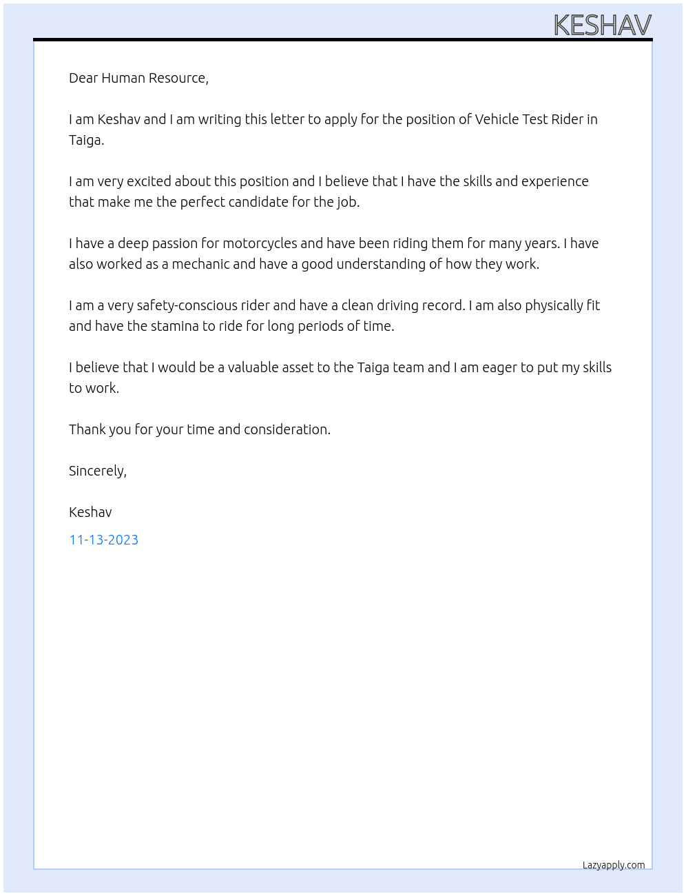 Vehicle Test Rider At Taiga Cover Letter