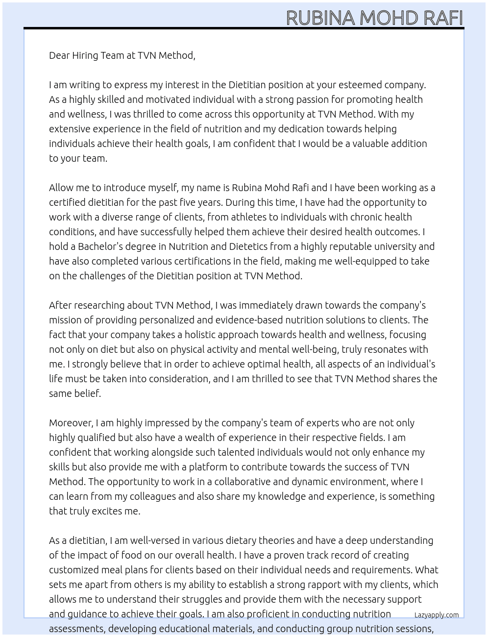 Dietitian At TVN Method Cover Letter