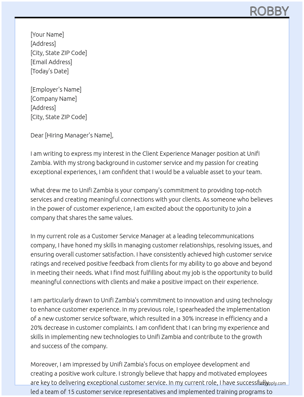 client experience manager At unifi zambia Cover Letter