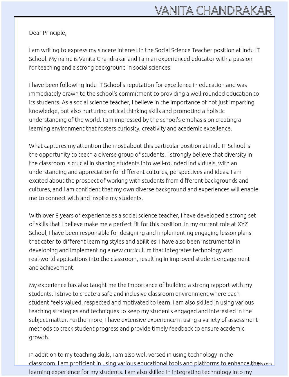 Social science teacher At Indu IT School Cover Letter