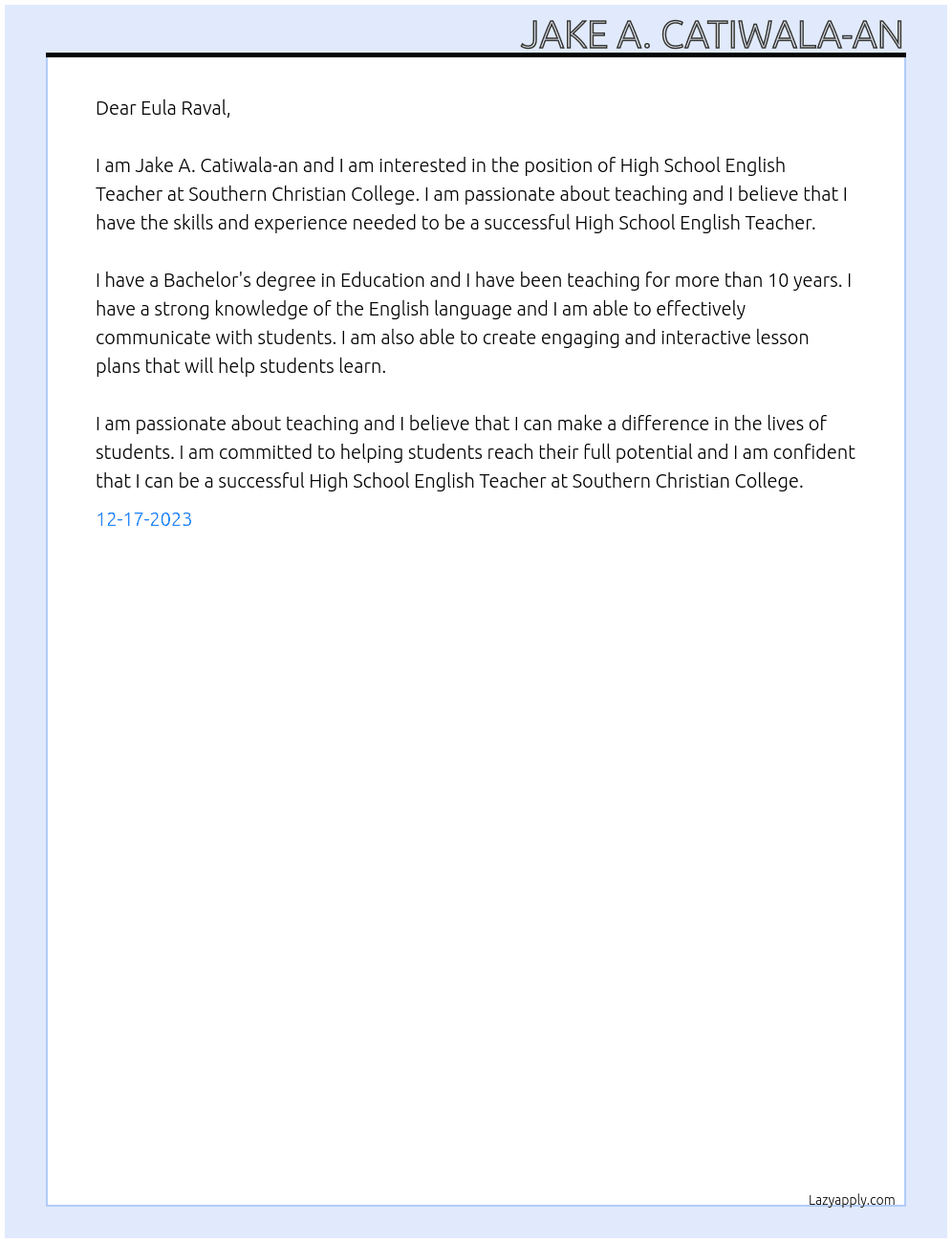 High School English Teacher At High School English Teacher at Southern Christian College Cover Letter
