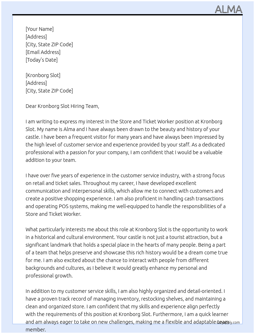 Store and ticket worker At Kronborg slot Cover Letter