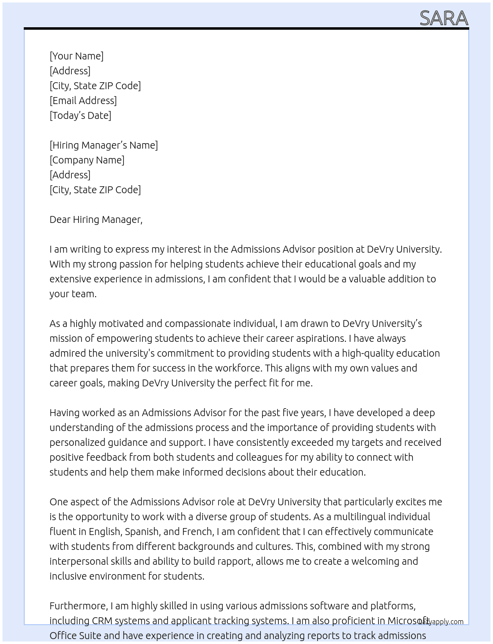 Admissions Advisor  At DeVry University  Cover Letter