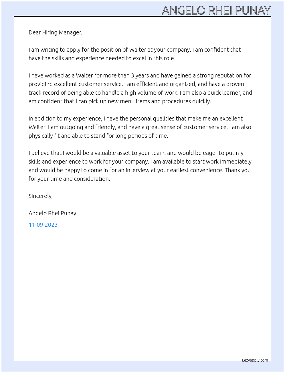 hiring manager At Waiter Cover Letter