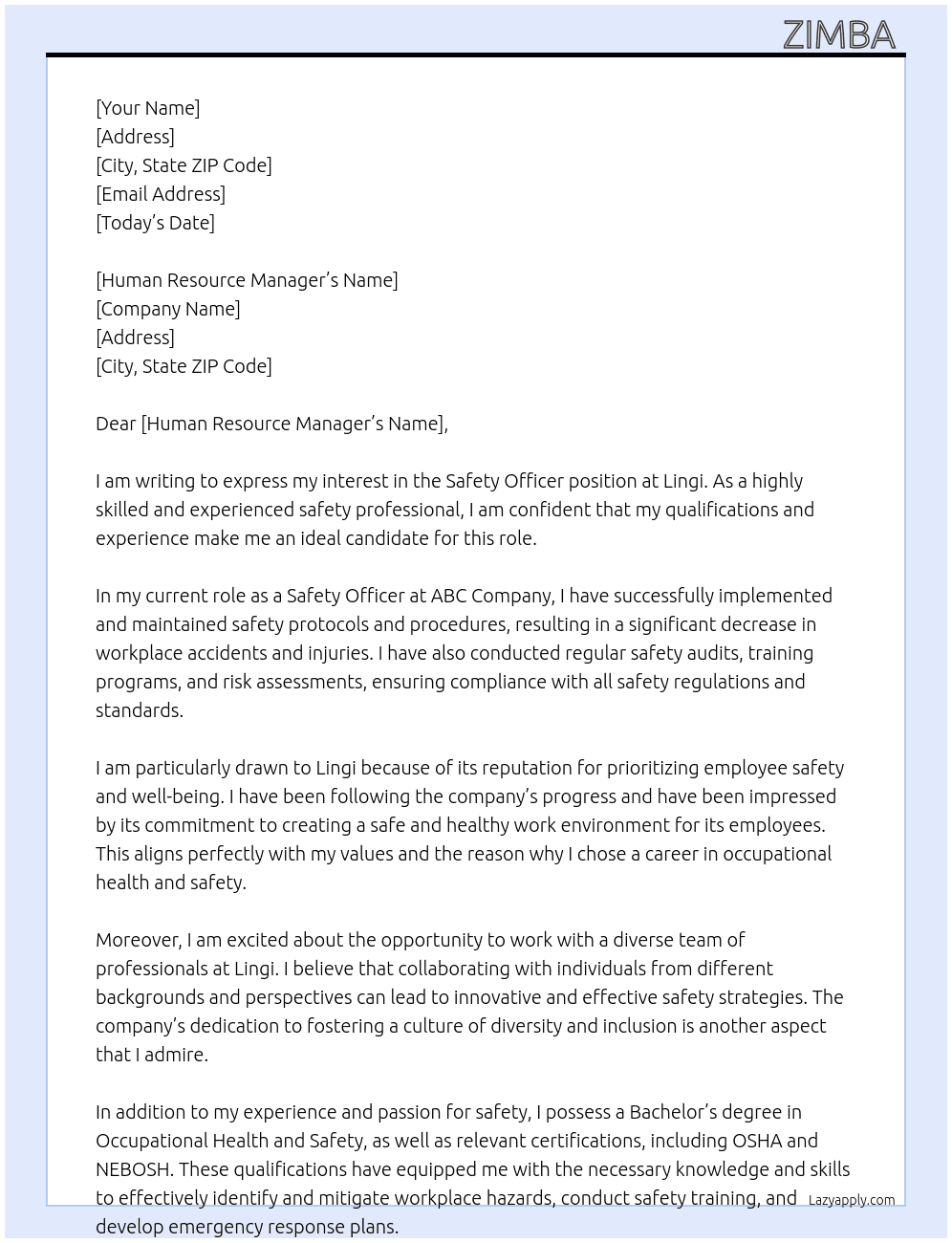 Safety Officer At Lingi Cover Letter