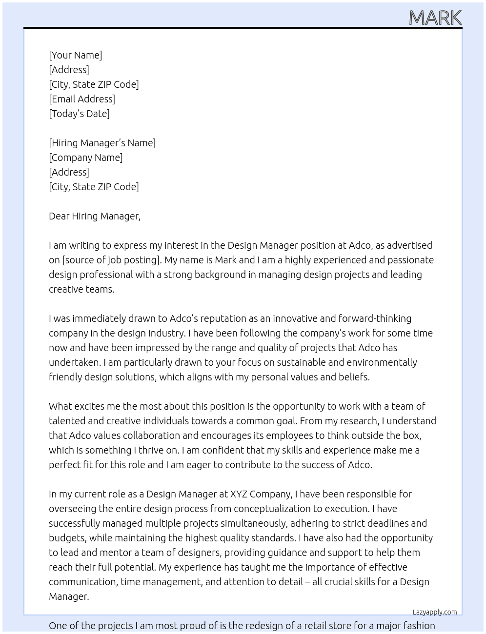 Design Manager At Adco Cover Letter