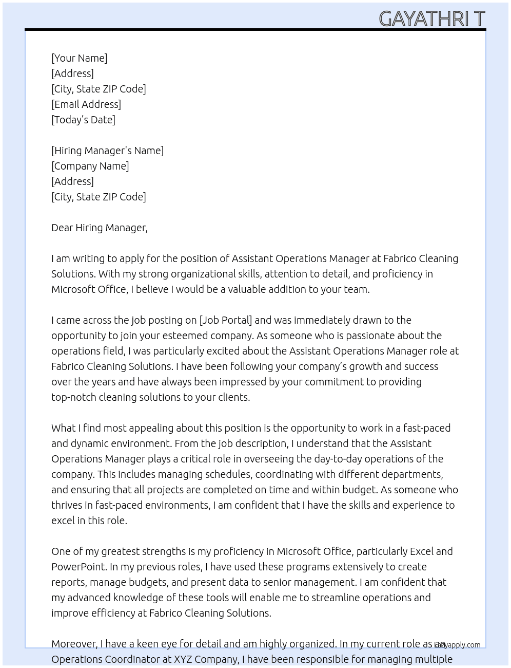 ASSISTANT OPERATTIONS MANAGER At FABRICO CLEANING SOLUTIONS Cover Letter