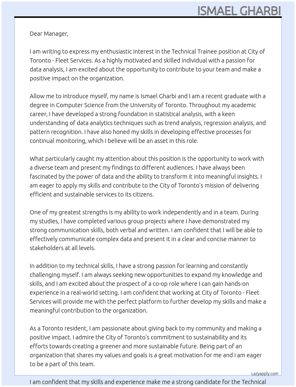 Technical Trainee At City of Toronto -fleet Services Cover Letter