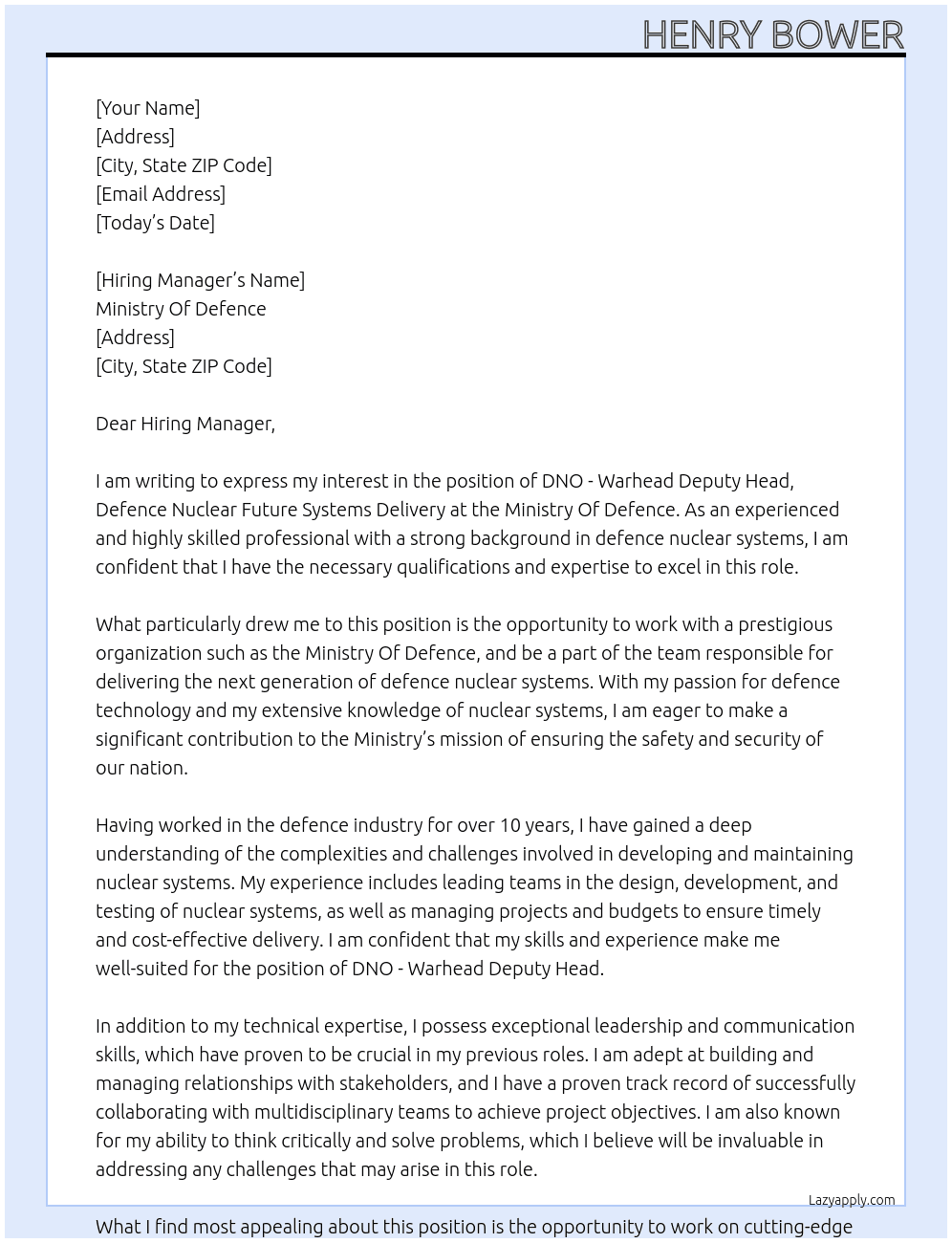 DNO - Warhead Deputy Head, Defence Nuclear Future Systems Delivery  At Ministry Of Defence  Cover Letter