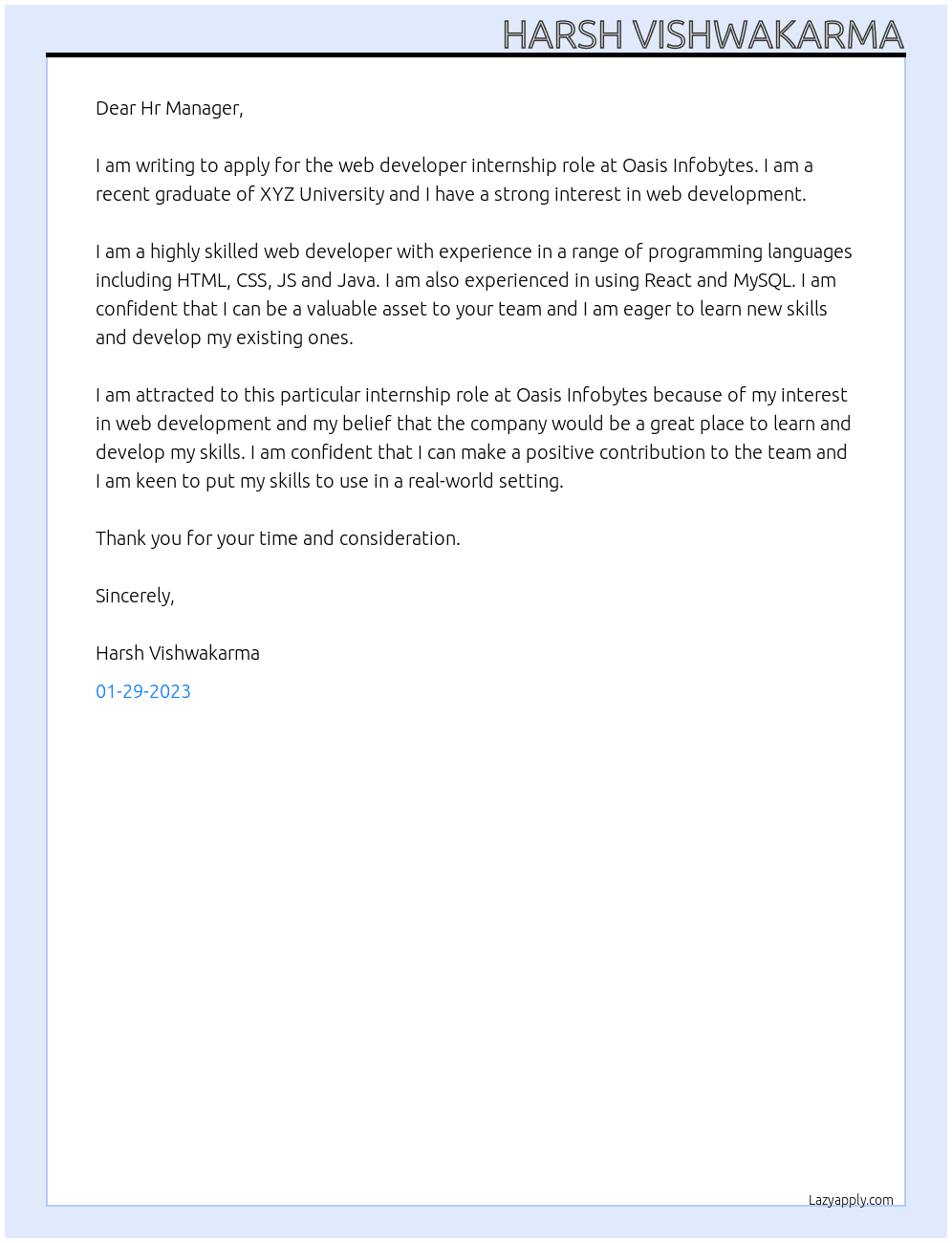Web developer At Oasis Infobytes Cover Letter