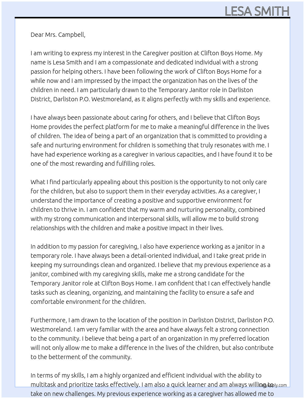 Caregiver At Clifton Boys Home  Cover Letter