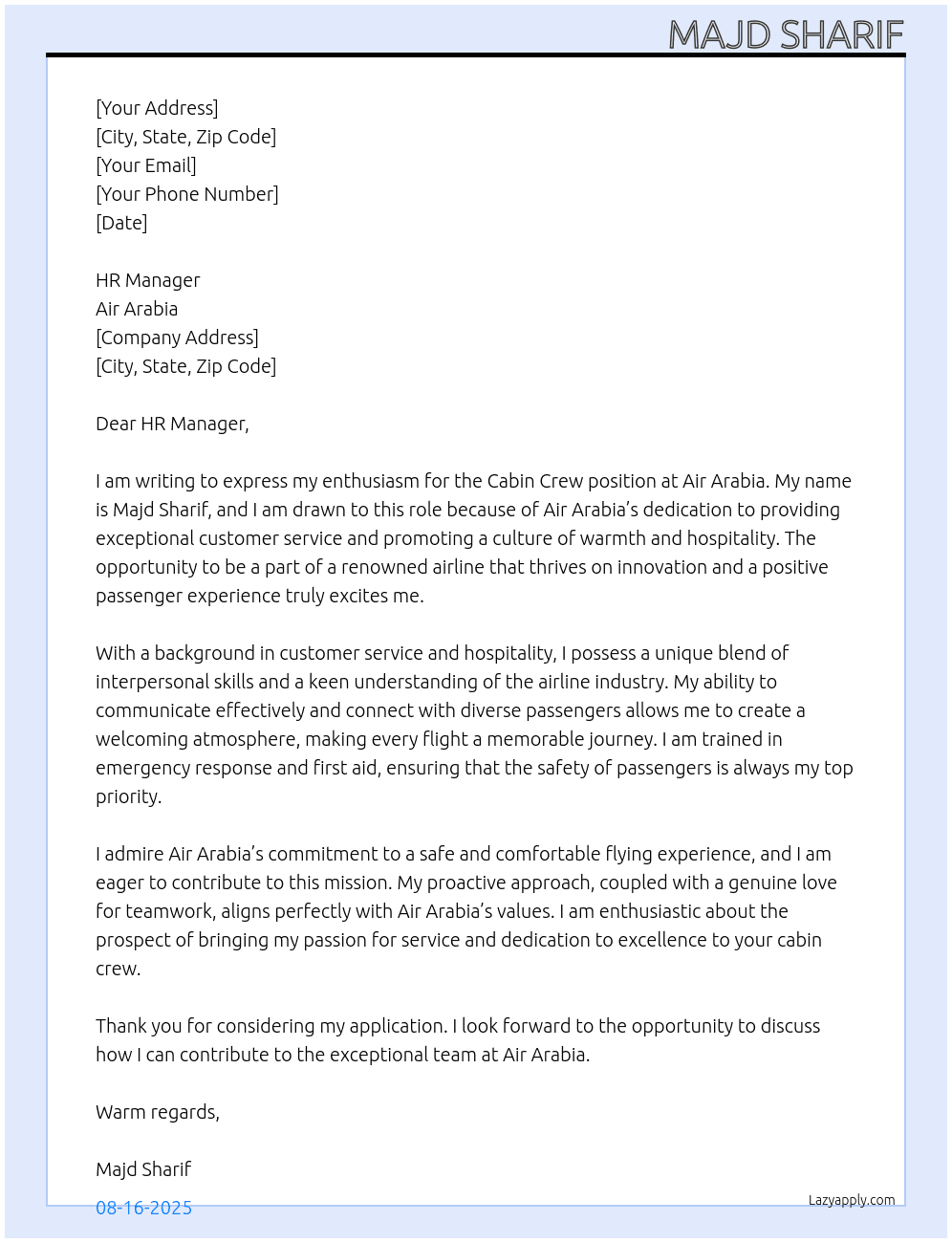 Cabin Crew At Air Arabia Cover Letter