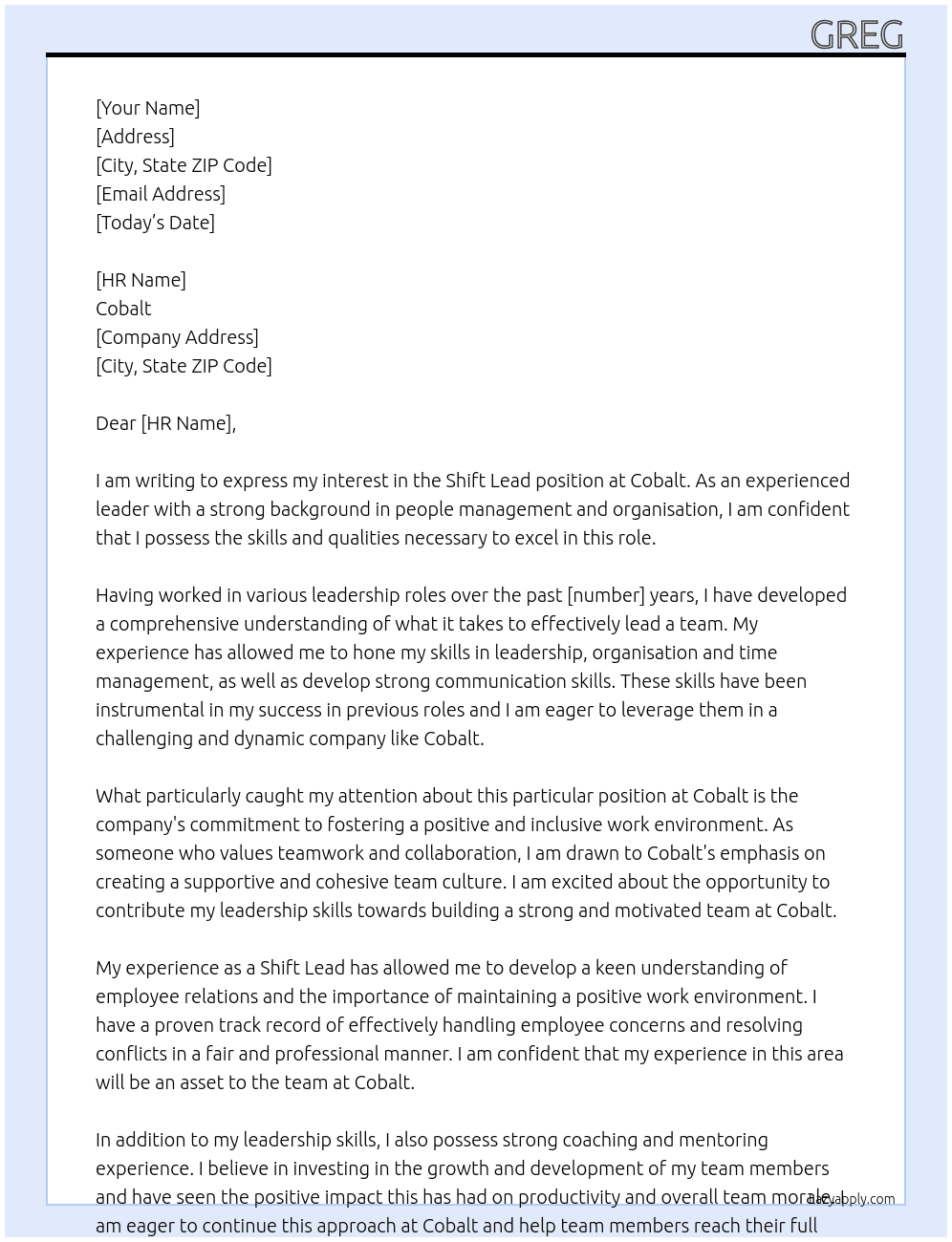 Shift lead At Cobalt Cover Letter
