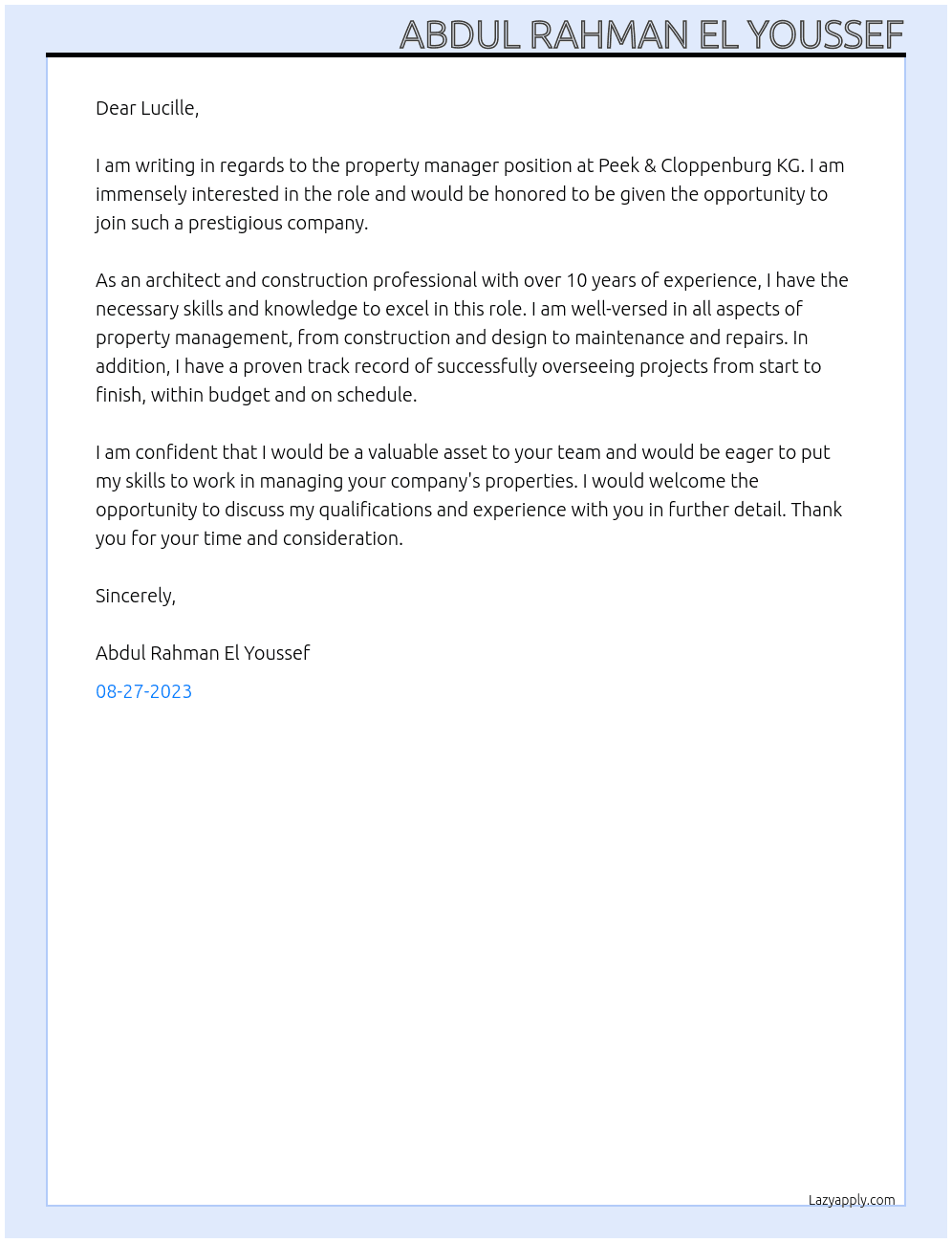Property Manager Architecture and Construction At Peek & Cloppenburg KG Cover Letter