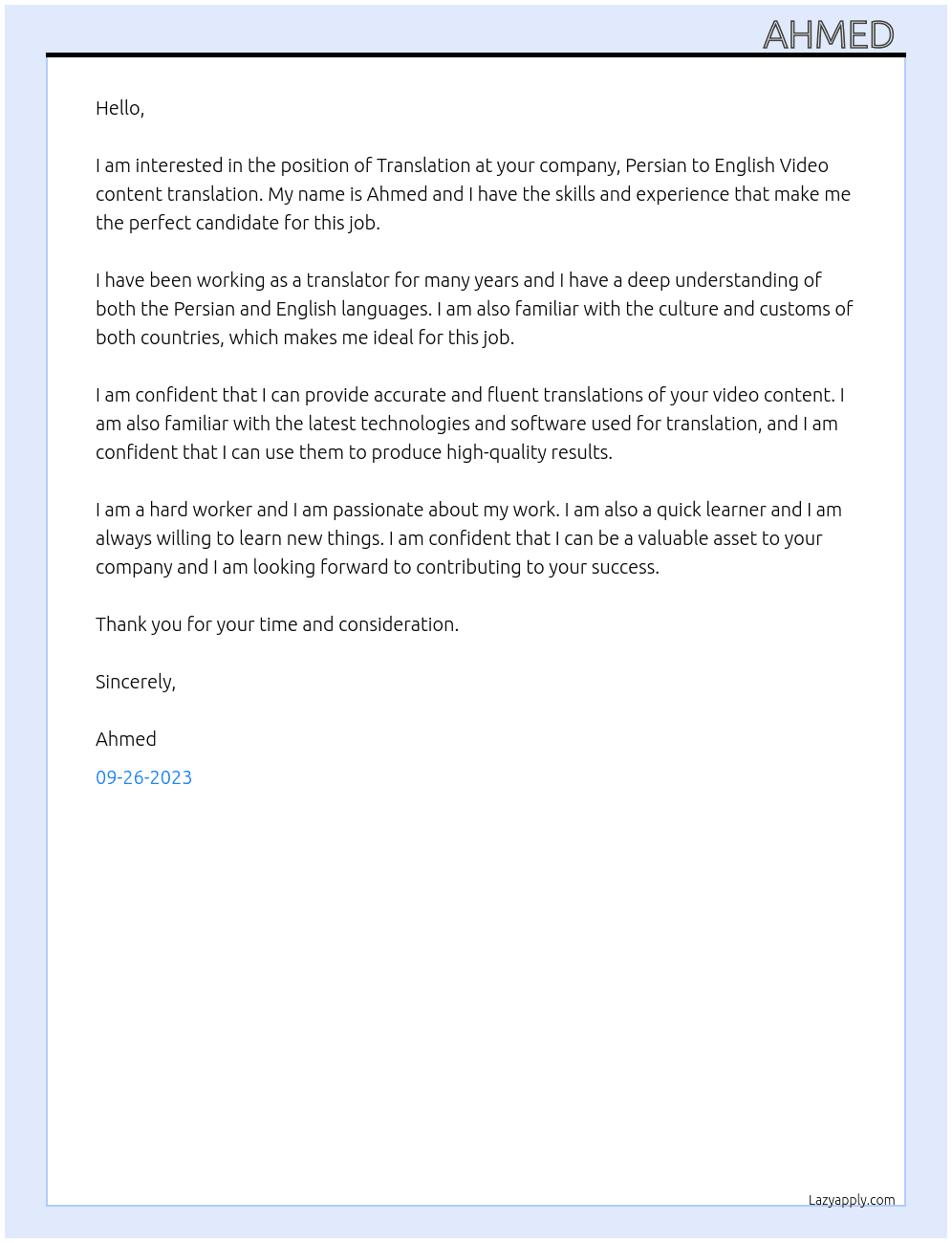 Translation  At Persian to English Video content translation Cover Letter