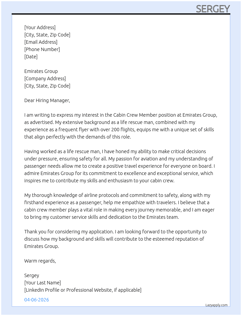 Cabin Crew member At Ilyeuski Cover Letter