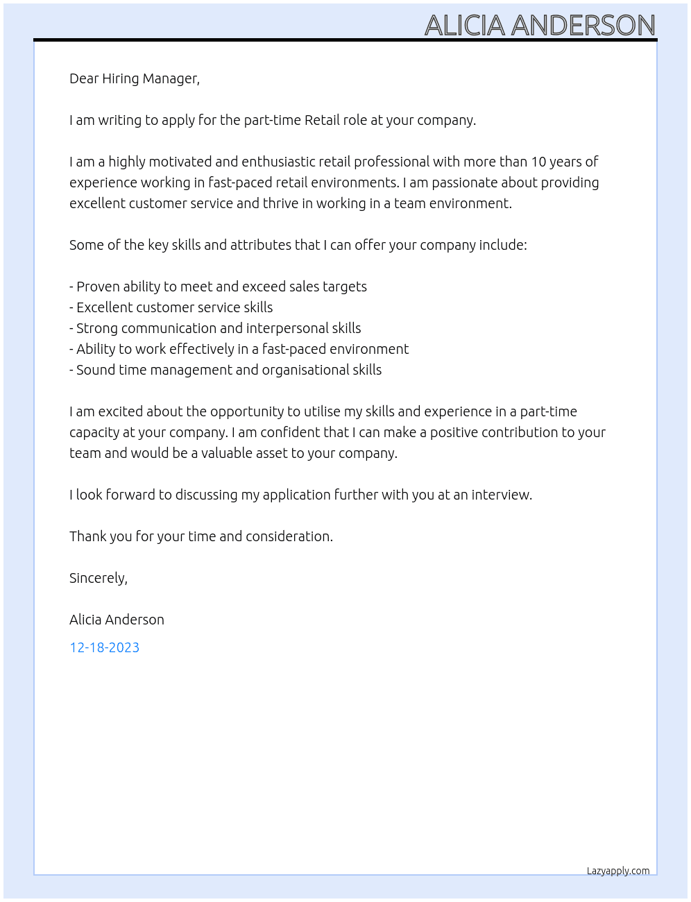 Retail At Retail shop Cover Letter