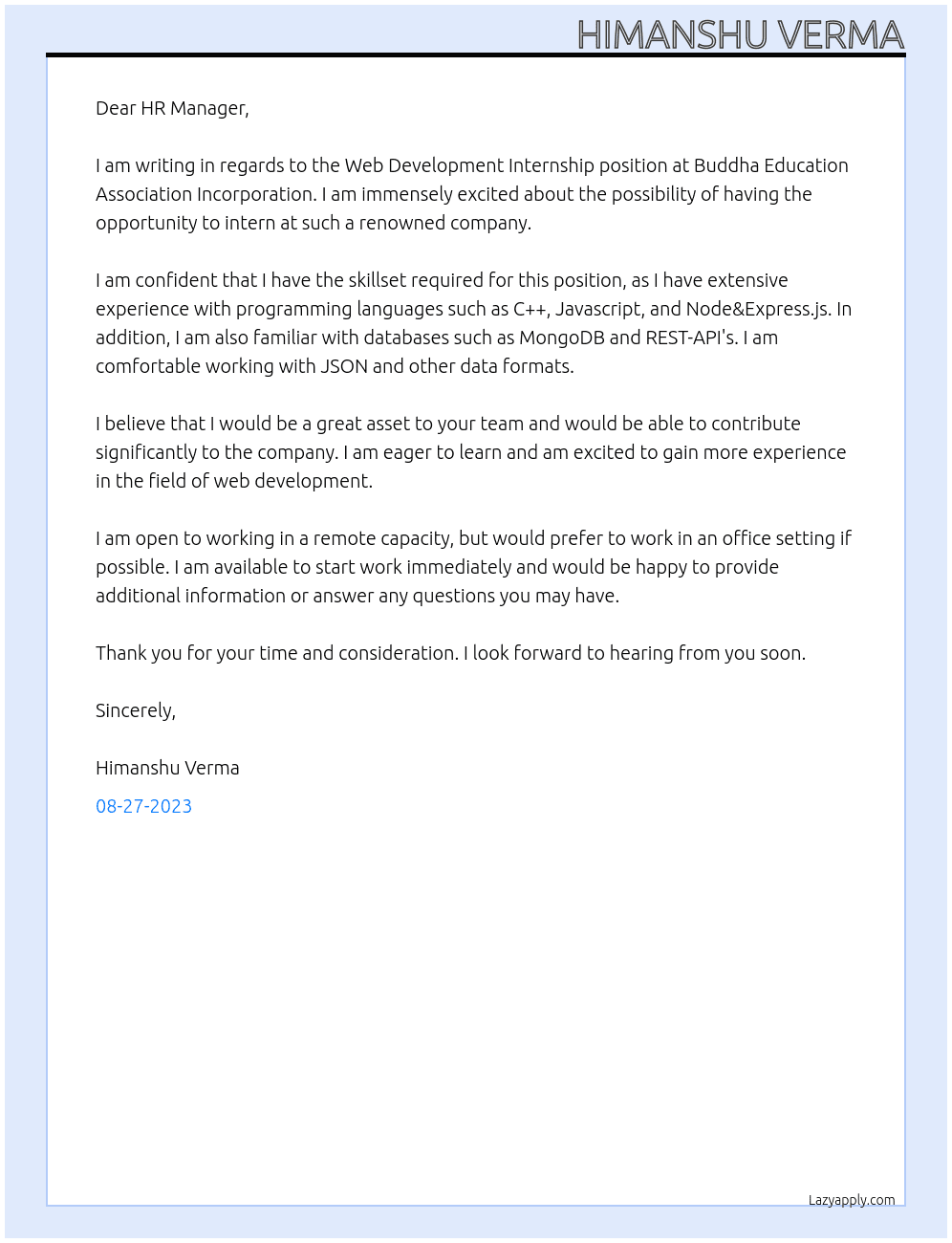 Web Development Internship At Buddha Education Association Incorporation Cover Letter