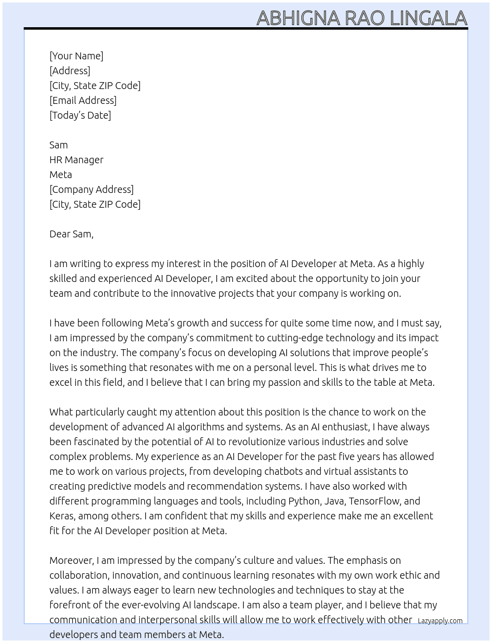 Ai developer At Meta Cover Letter