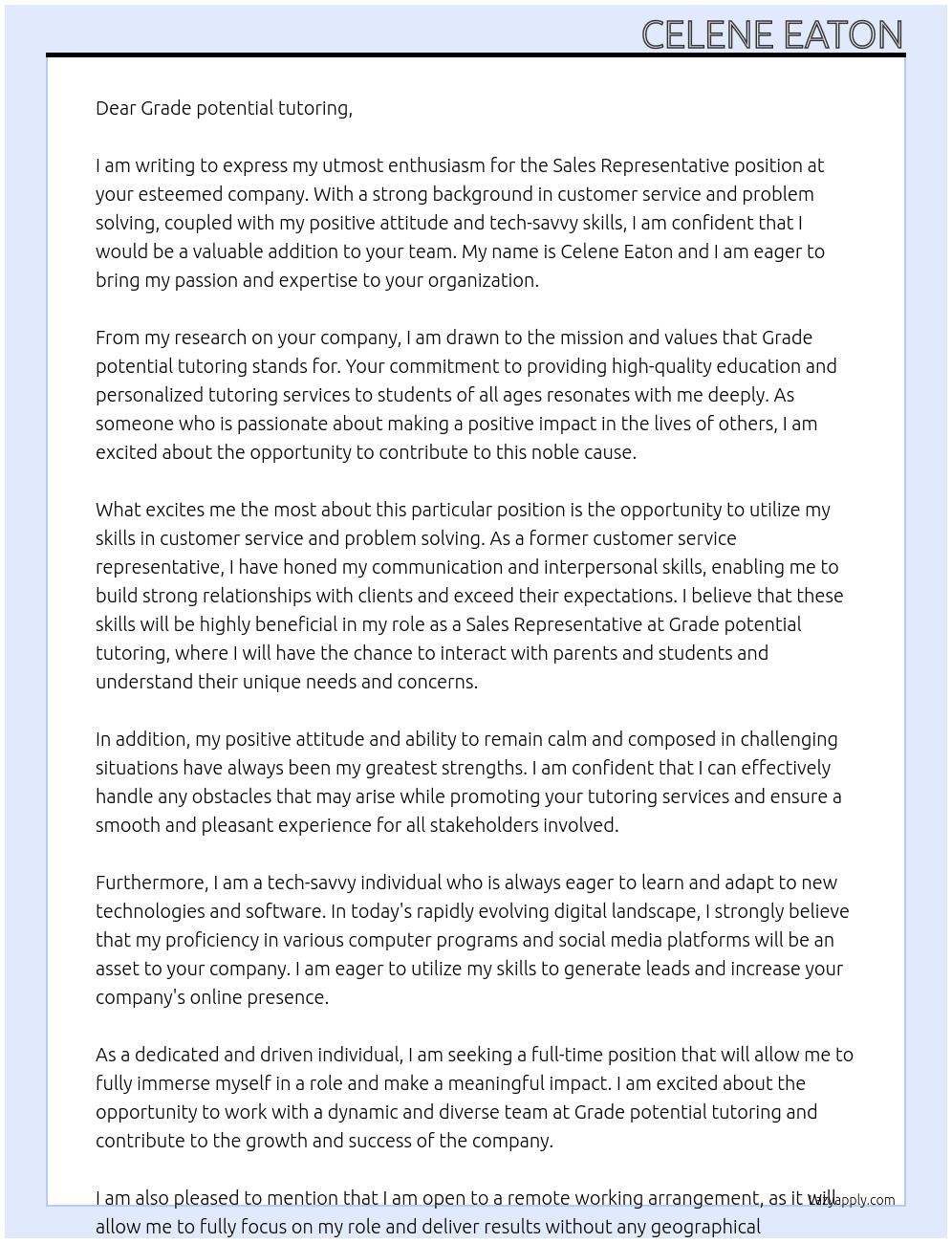 Sales rep At Grade potential tutoring  Cover Letter